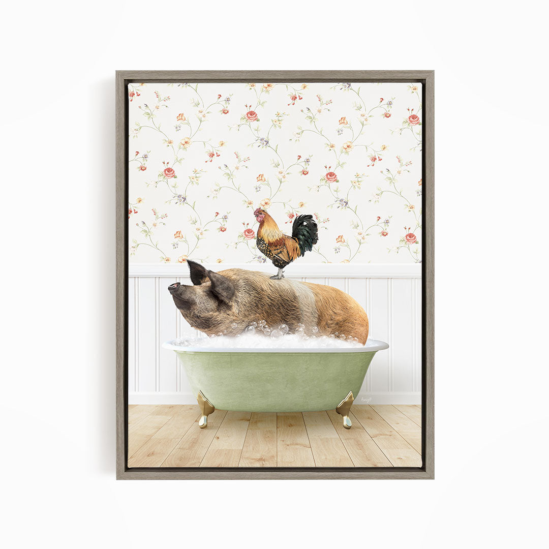 A rooster sits atop a pig in a bathtub, surrounded by a floral wallpaper.