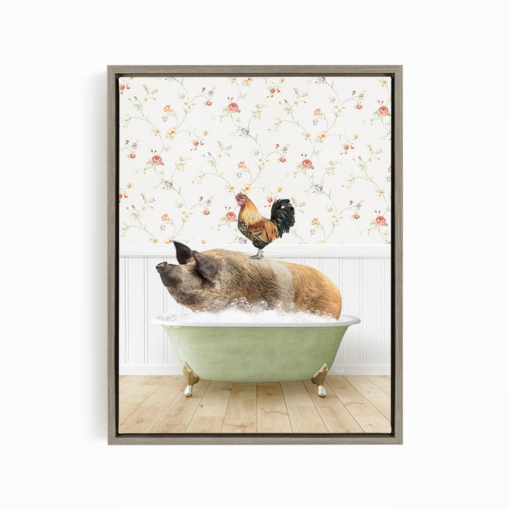 A rooster sits atop a pig in a bathtub, surrounded by a floral wallpaper.