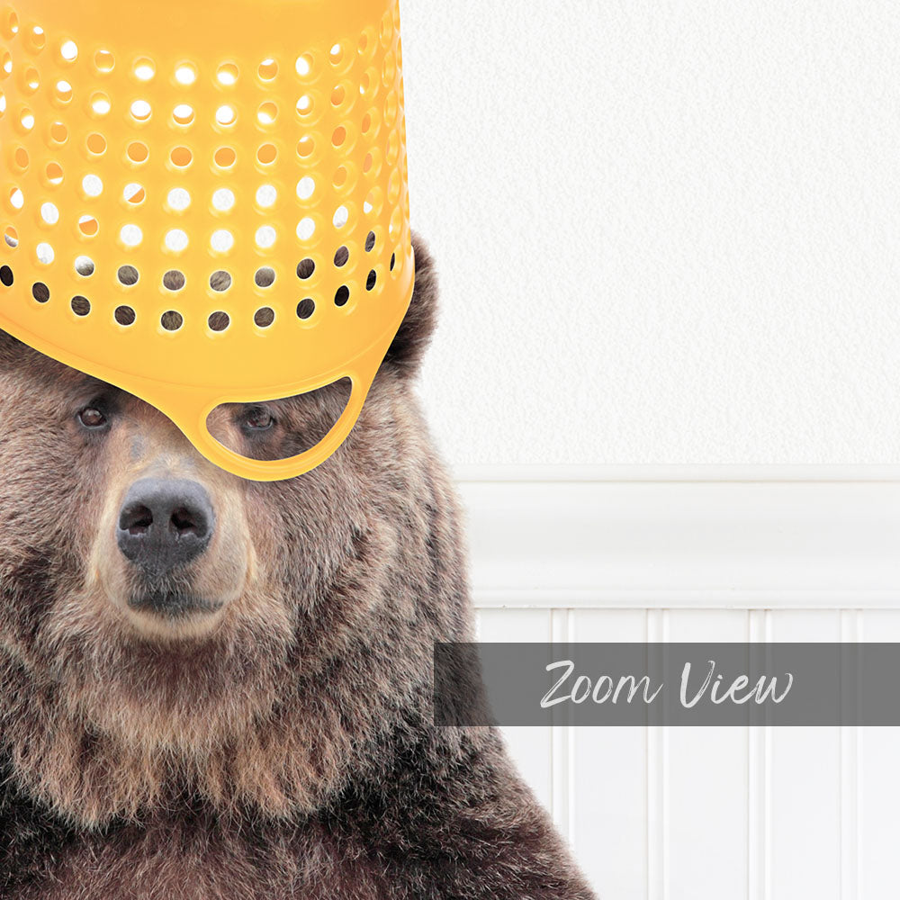 A close-up of a bear wearing a yellow plastic bucket hat, with a white wall and text overlay in the background.