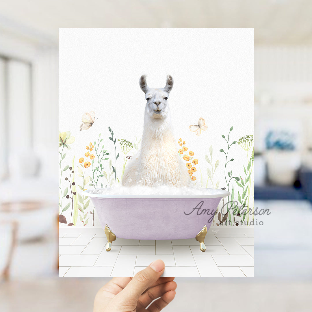 a llama in a bathtub with flowers and butterflies