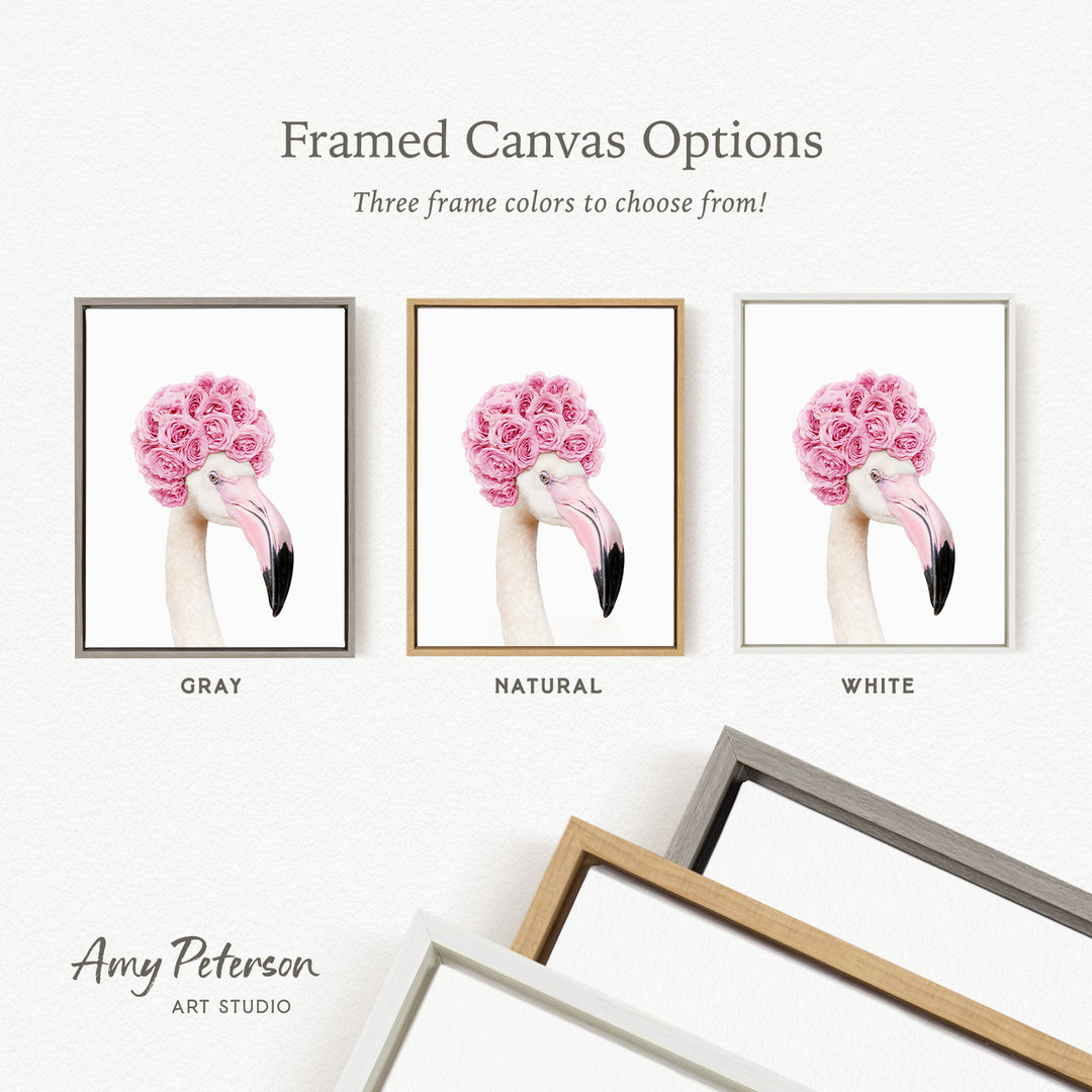 three framed canvas options featuring a flamingo with a pink flower on its head, each with a different frame color: gray, natural, and white.