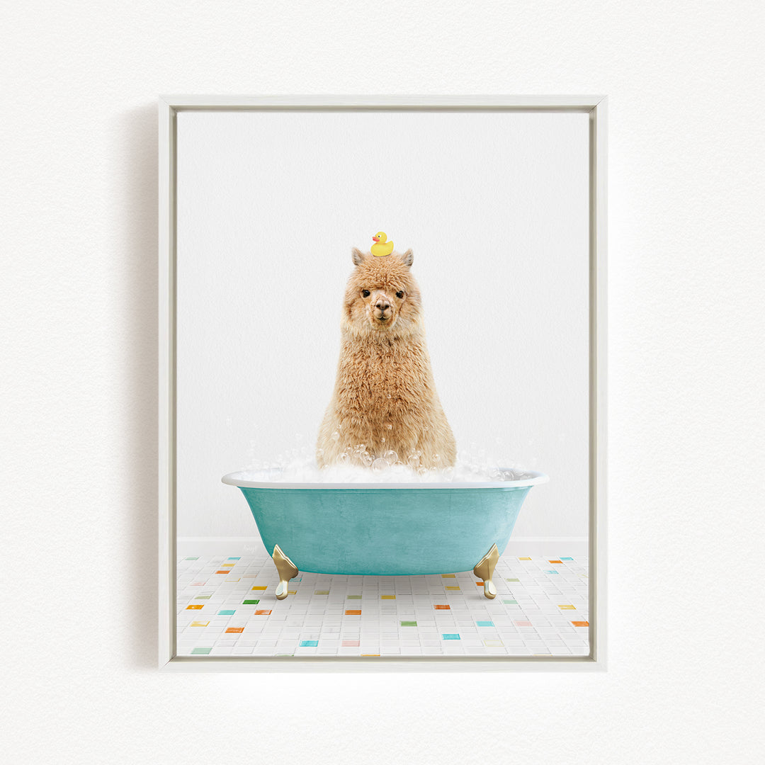 A fluffy brown dog is sitting in a blue bathtub filled with bubbles, with a yellow rubber duck perched on its head.