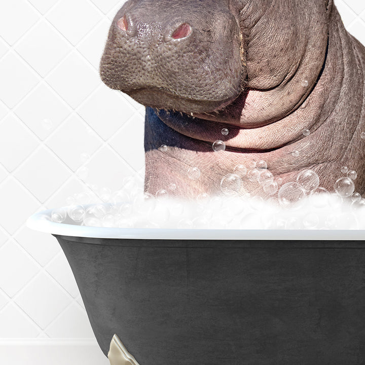 a hippopotamus sitting in a bathtub full of bubbles