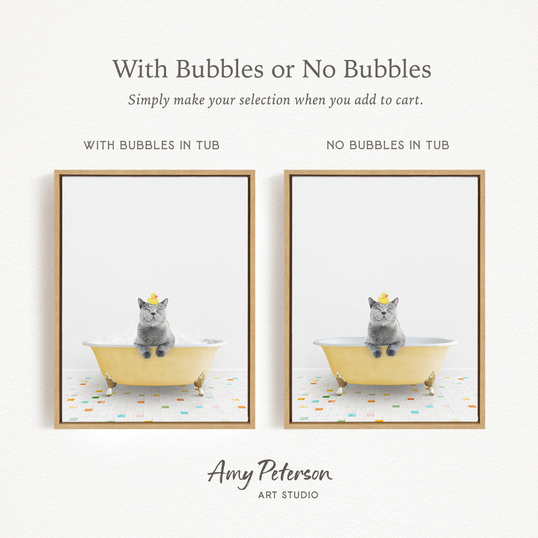 The image is a collage of two pictures, each featuring a gray cat sitting in a bathtub. The cat is wearing a yellow rubber duck, and the bathtub is filled with bubbles. The text above the images reads "With Bubbles or No Bubbles" and below the images, it says "Simply make your selection when you add to cart."