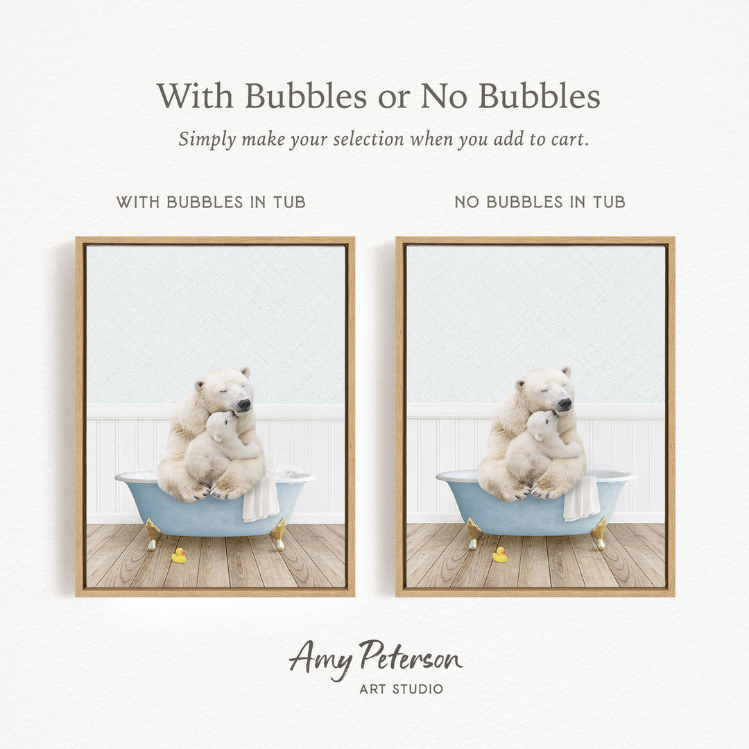 The image is a collage of two pictures, each featuring a polar bear sitting in a bathtub. The polar bear in the bathtub has a towel draped over it, and the polar bear in the tub does not have a towel. The text above the images reads "With Bubbles or No Bubbles" and below the images, it says "Simply make your selection when you add to cart."