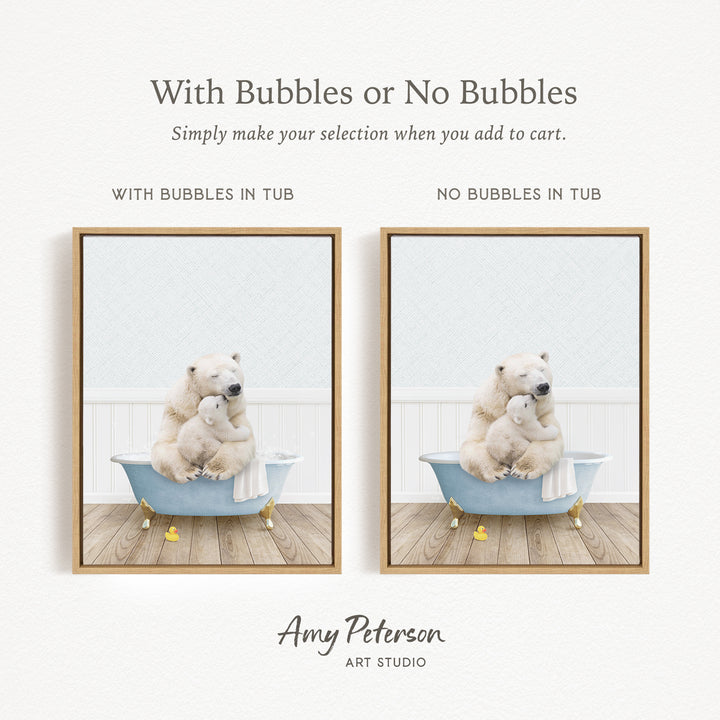 The image is a collage of two pictures, each featuring a polar bear sitting in a bathtub. The polar bear in the bathtub has a towel draped over it, and the polar bear in the tub does not have a towel. The text above the images reads "With Bubbles or No Bubbles" and below the images, it says "Simply make your selection when you add to cart."