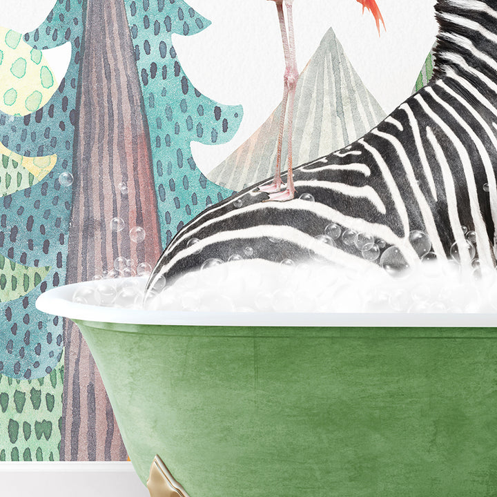 a zebra in a bathtub with a bird on top of it