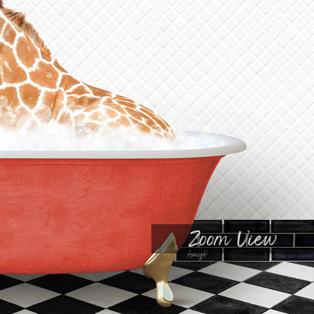 A giraffe is sitting in a red bathtub filled with water, with a black and white checkered floor and a tile wall in the background.