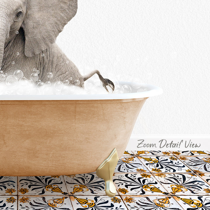 A large elephant is sitting in a bathtub filled with bubbles, surrounded by a patterned tile floor.