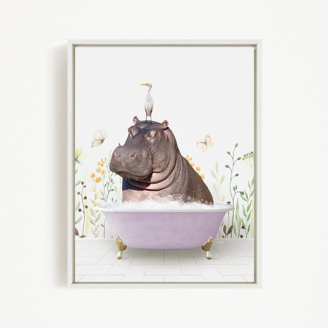A large hippopotamus is sitting in a bathtub filled with water, with a seagull perched on its head. The background features a floral pattern.