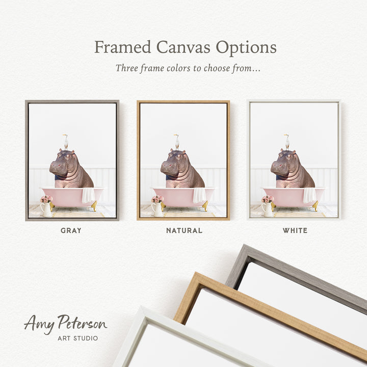 three framed canvas options, each featuring a different color: gray, natural, and white. The text above the images reads " Framed Canvas Options" and "Three frame colors to choose from...". The bottom of the image includes the text " Amy Peterson ART STUDIO".