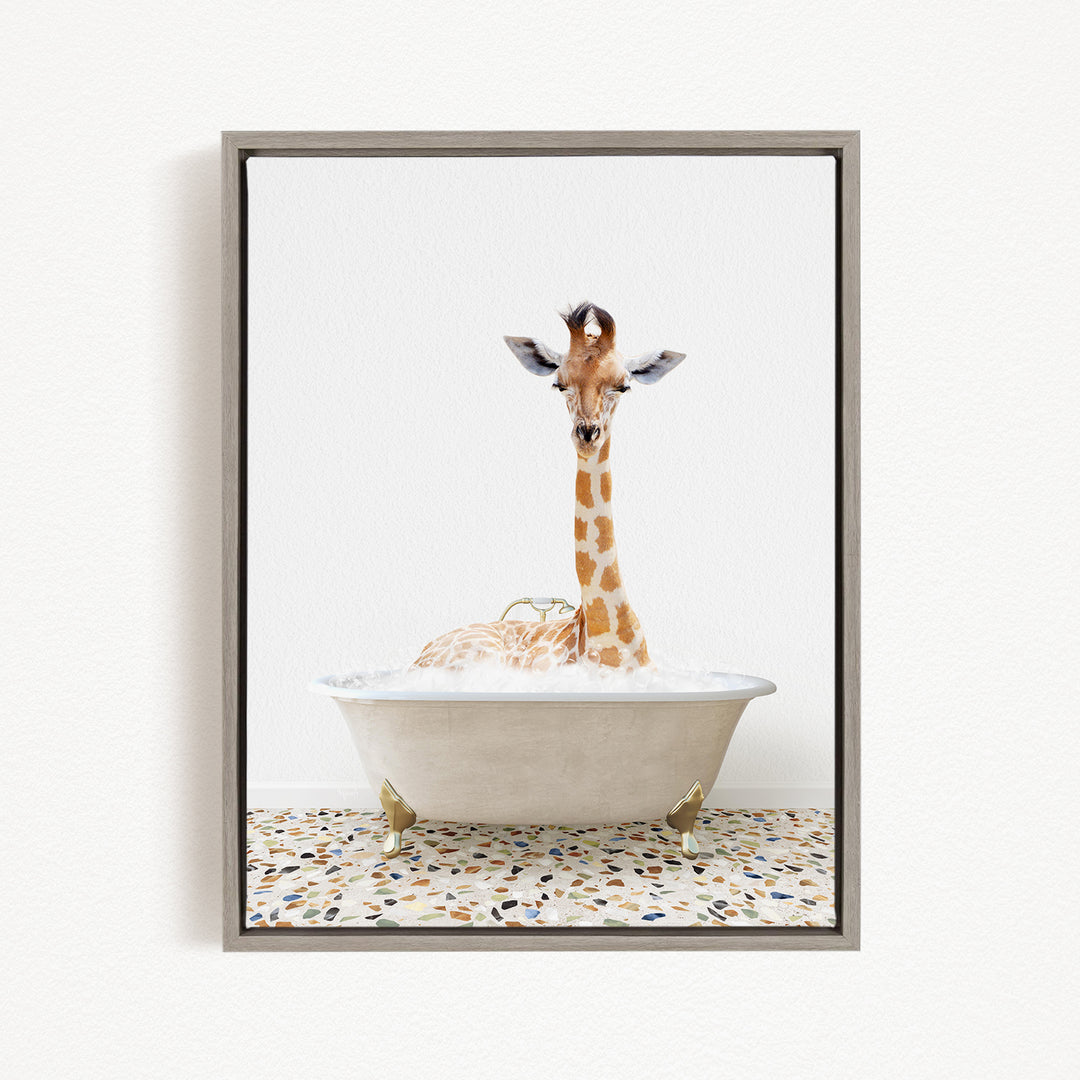 A giraffe is sitting in a white bathtub filled with water, creating a whimsical and playful scene.