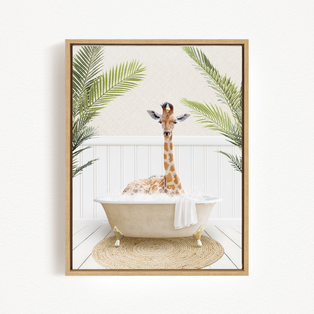 A giraffe sitting in a bathtub filled with water, surrounded by palm leaves, creating a whimsical and playful scene.