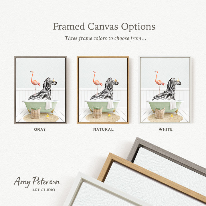 three framed canvas options, each featuring a zebra and a flamingo in a bathtub. The options include a gray frame, a natural frame, and a white frame.