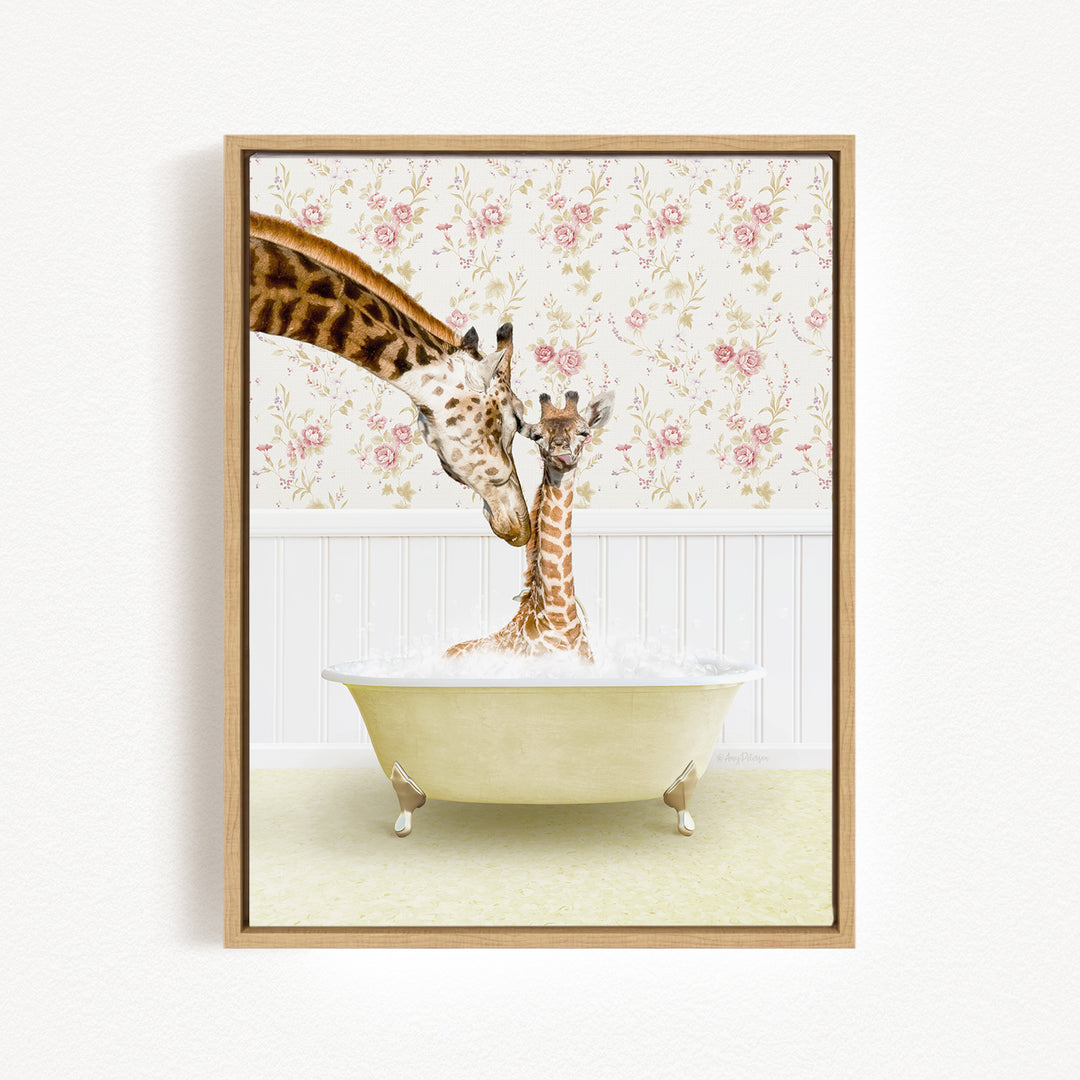 A giraffe and a baby giraffe are sitting in a bathtub filled with water, surrounded by a floral wallpaper.