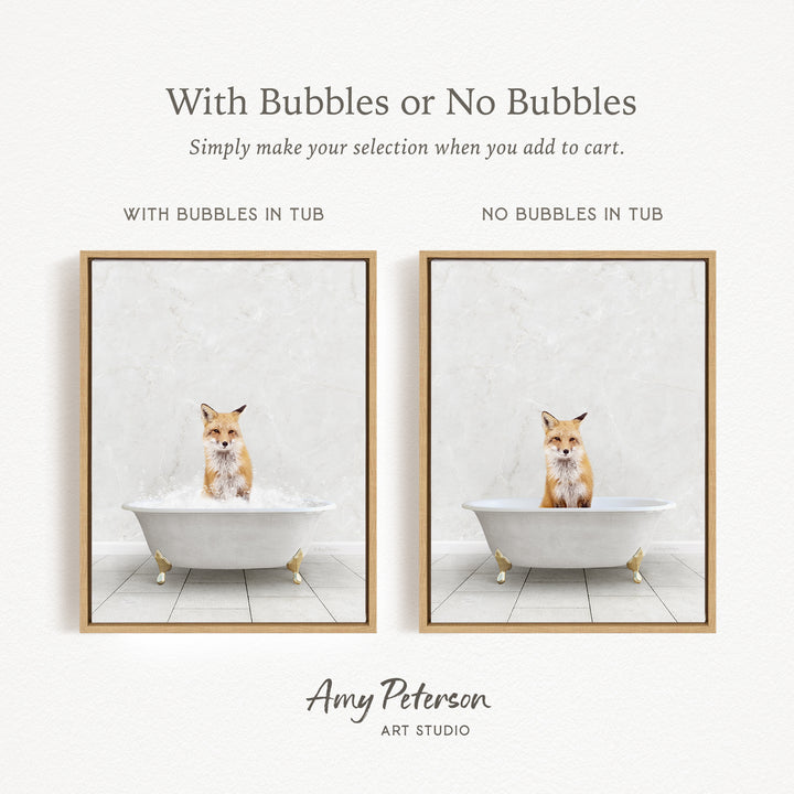 The image is a collage of two pictures, each featuring a cat sitting in a bathtub. The cat appears to be a fox, and the bathtub is white. The text above the images reads "With Bubbles or No Bubbles" and below the images, it says "Simply make your selection when you add to cart."