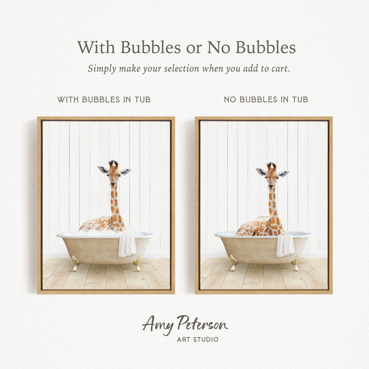 The image is a collage of two pictures featuring a giraffe sitting in a bathtub. The first picture has bubbles in the tub, while the second picture does not have bubbles. The text above the images reads "With Bubbles or No Bubbles Simply make your selection when you add to cart."