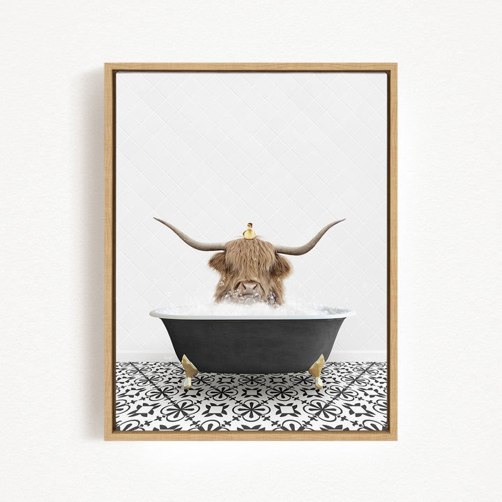 A Highland cow with large horns is sitting in a bathtub filled with bubbles, creating a whimsical and playful scene.