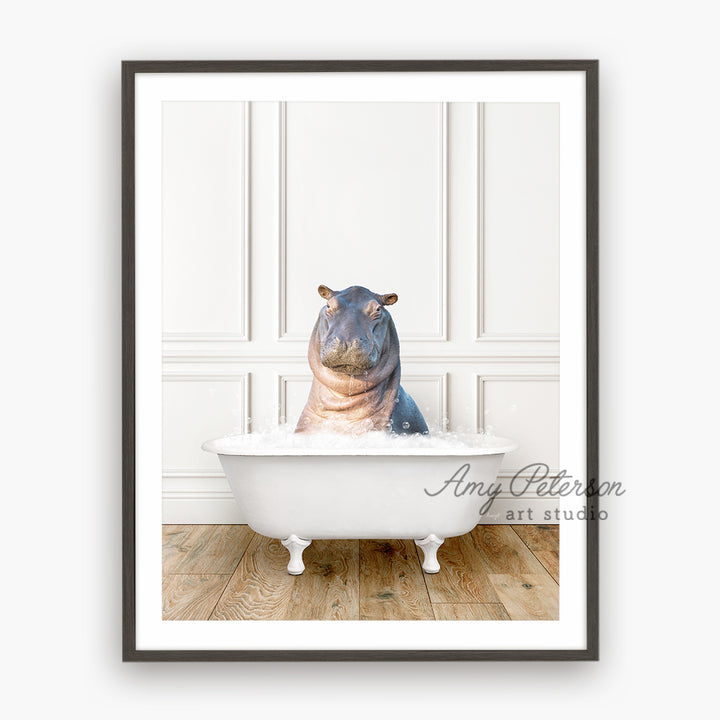 a hippopotamus sitting in a bathtub in a white room