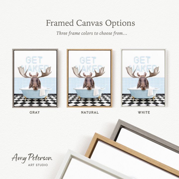 three framed canvas options featuring a moose in a bathtub, with each option having a different frame color.