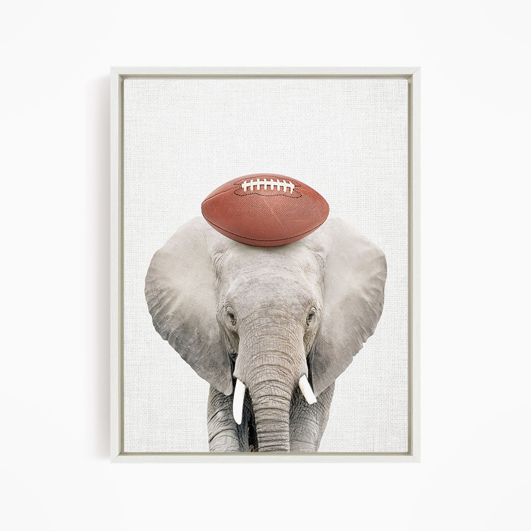 A gray elephant holding a red football on its head.