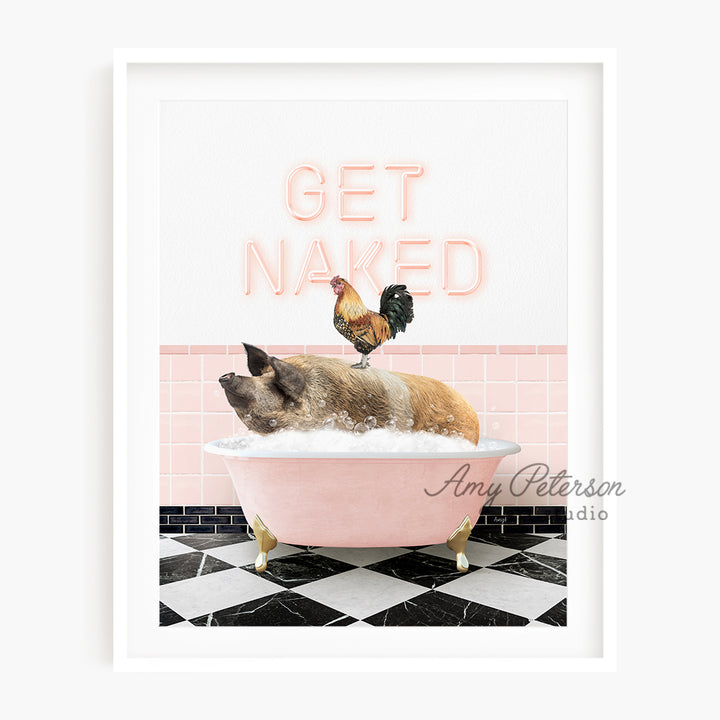 a picture of a pig in a bathtub with a chicken on top of it