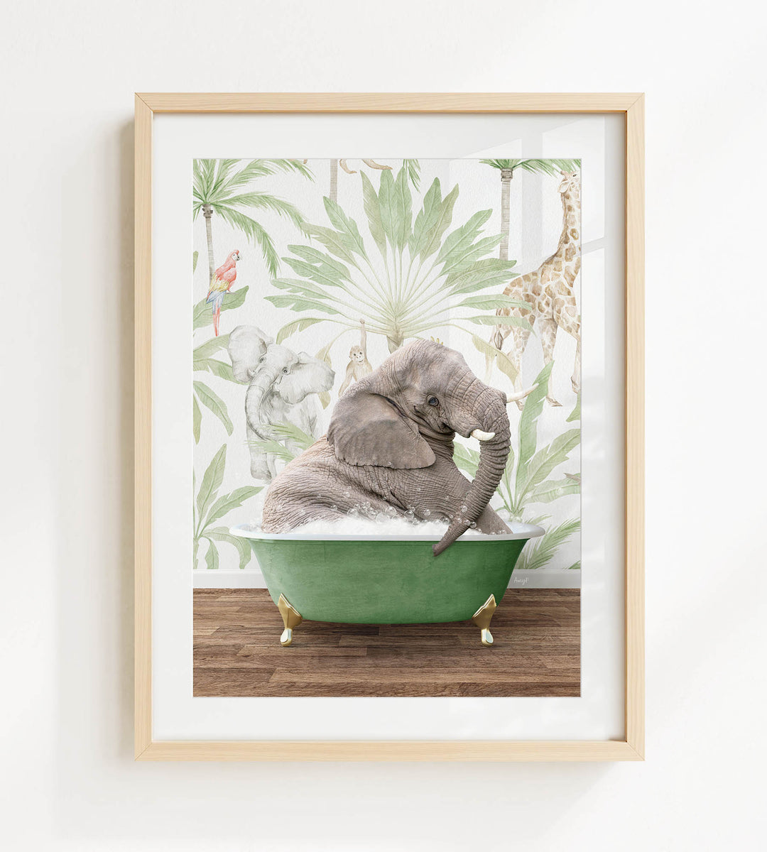A framed image depicting a gray elephant sitting in a green bathtub, surrounded by tropical foliage and a giraffe in the background.