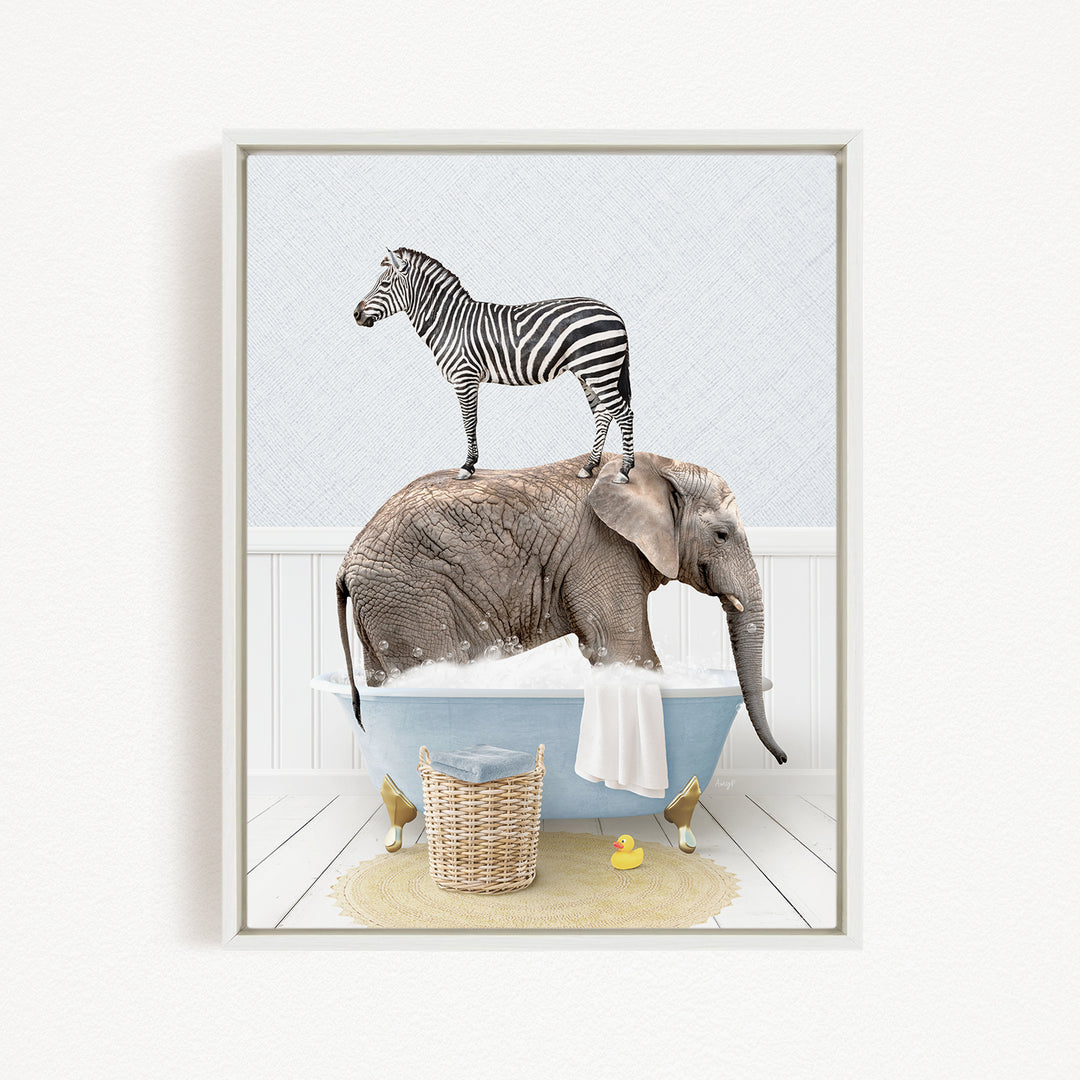 A zebra standing on an elephant's back while the elephant is in a bathtub filled with water and bubbles.