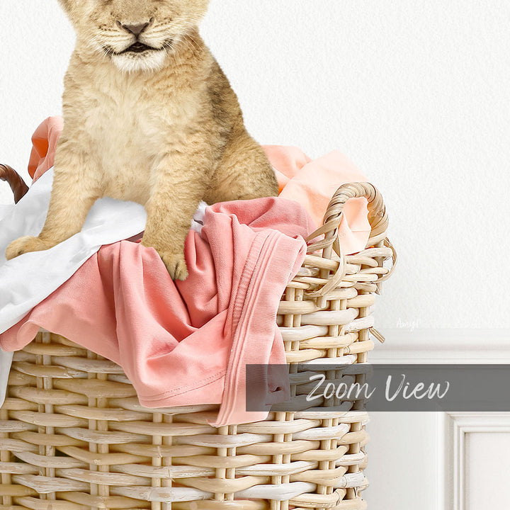 A young lion cub sitting in a wicker basket filled with clothes.