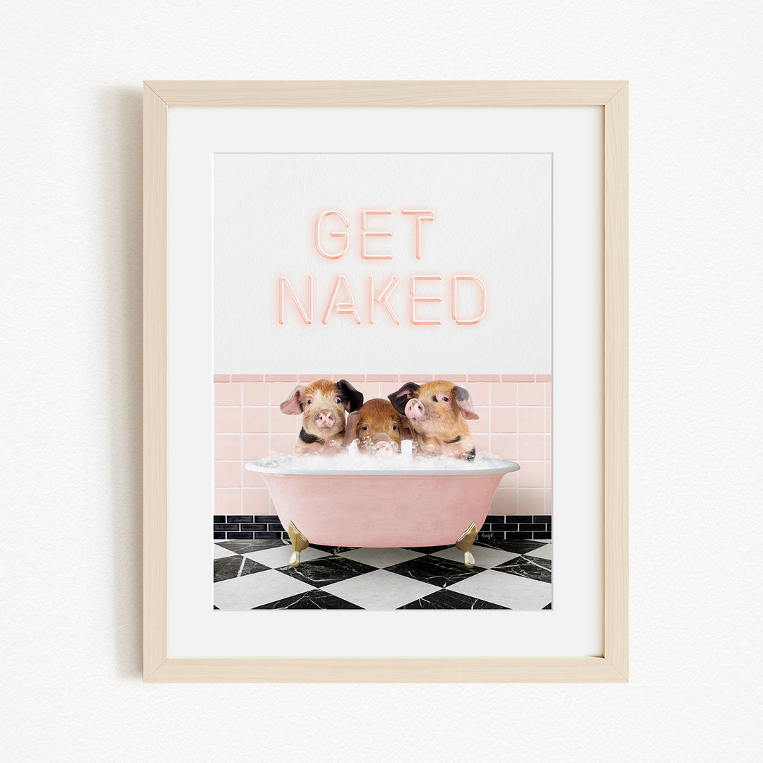 three adorable pigs sitting in a pink bathtub, with the text "GET NAKED" displayed above them.