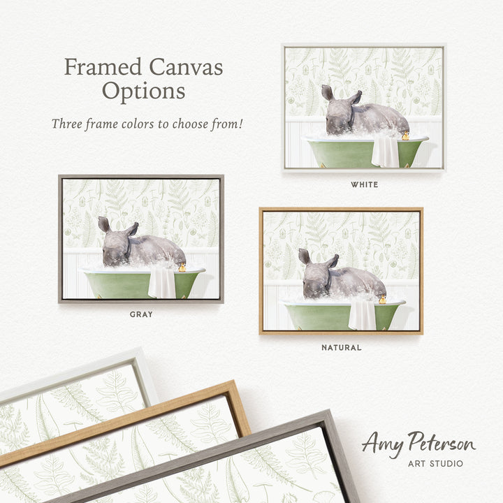 three framed canvas options featuring a gray rabbit sitting in a green bathtub, with different frame colors available.