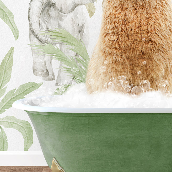 a brown bear sitting in a green bath tub