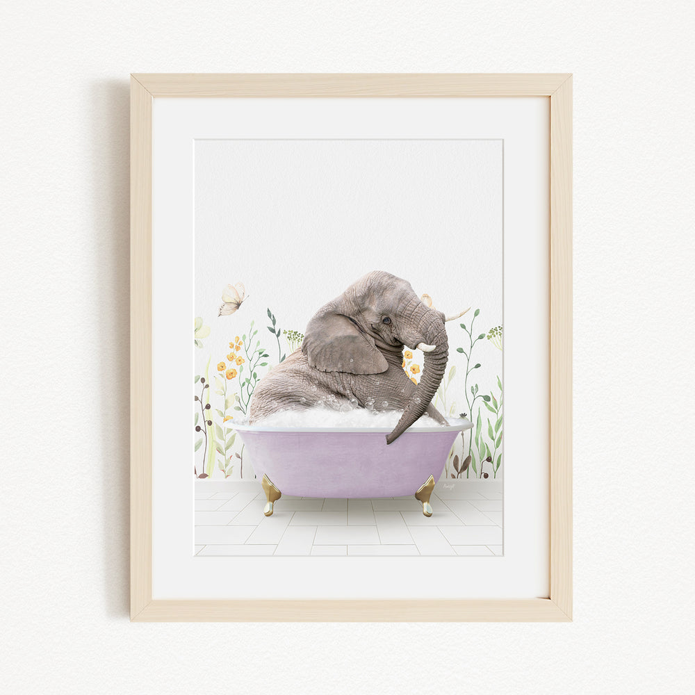 A gray elephant is sitting in a purple bathtub filled with bubbles, surrounded by flowers and butterflies.