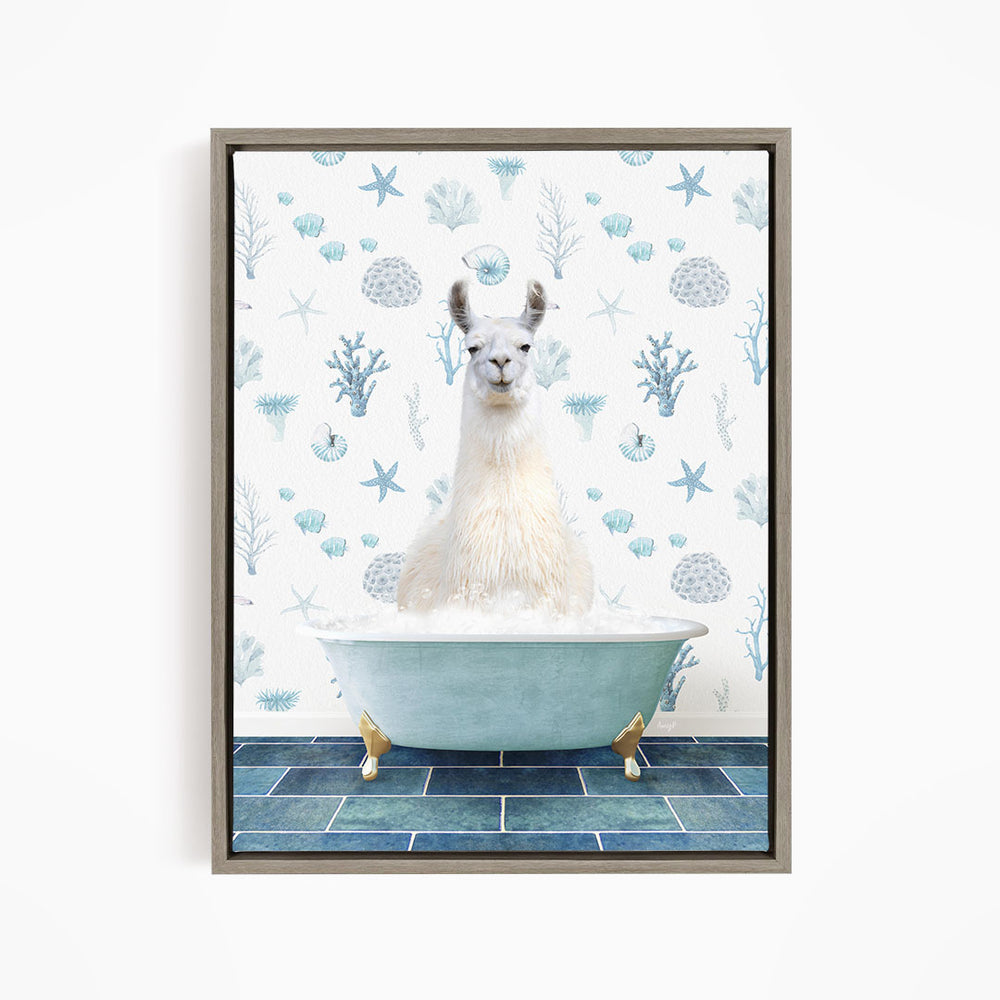 A white llama sitting in a blue bathtub filled with bubbles, surrounded by a pattern of blue and white seashells and starfish.