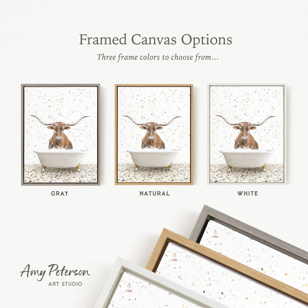 three framed canvas options featuring a picture of a bull with horns in a bathtub, each with a different frame color: gray, natural, and white.
