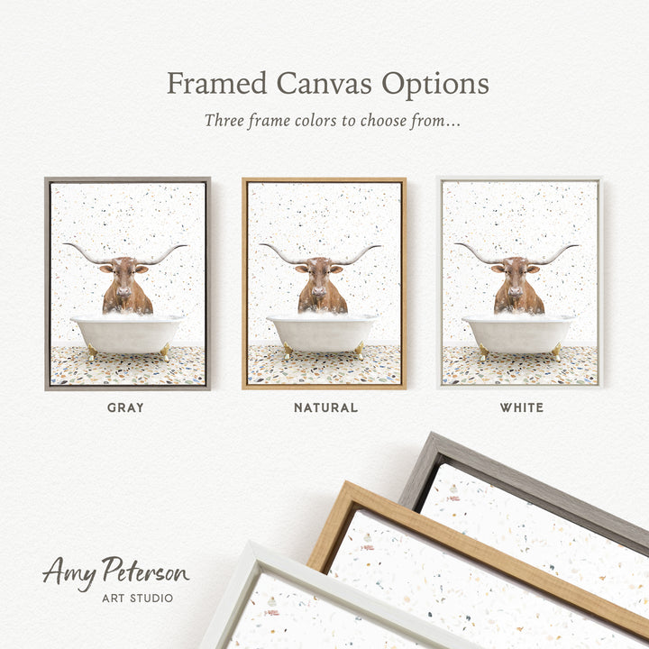 three framed canvas options featuring a picture of a bull with horns in a bathtub, each with a different frame color: gray, natural, and white.