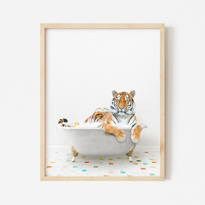 a picture of a tiger sitting in a bathtub