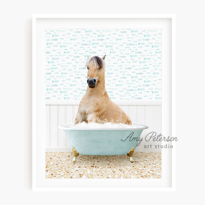 a horse sitting in a bathtub with foam on it