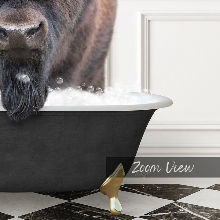 A close-up of a dog's face peeking out of a bathtub filled with bubbles, with a black and white checkered floor and a gold bathtub leg visible.