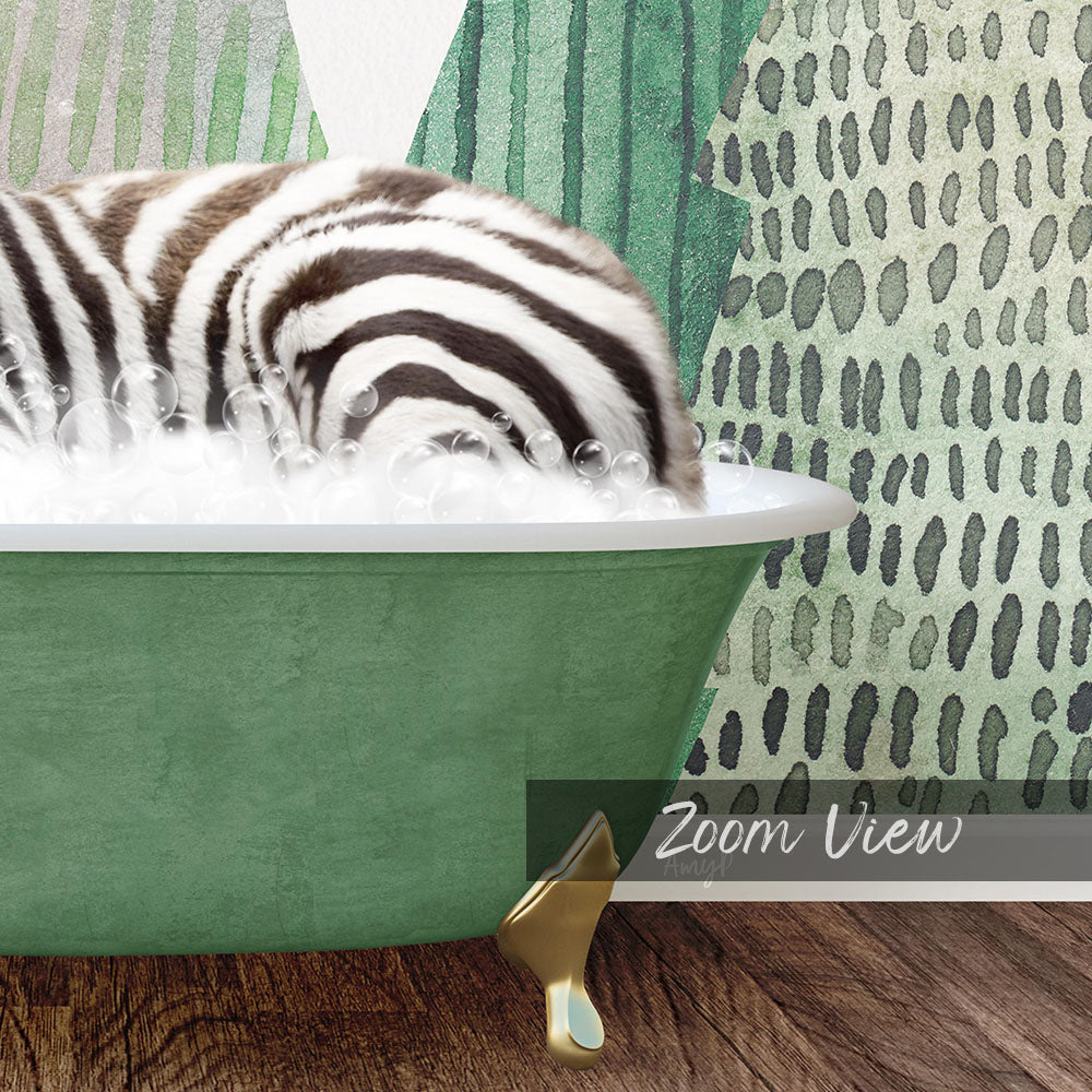 A zebra lying in a green bathtub filled with bubbles, with a patterned wall in the background.