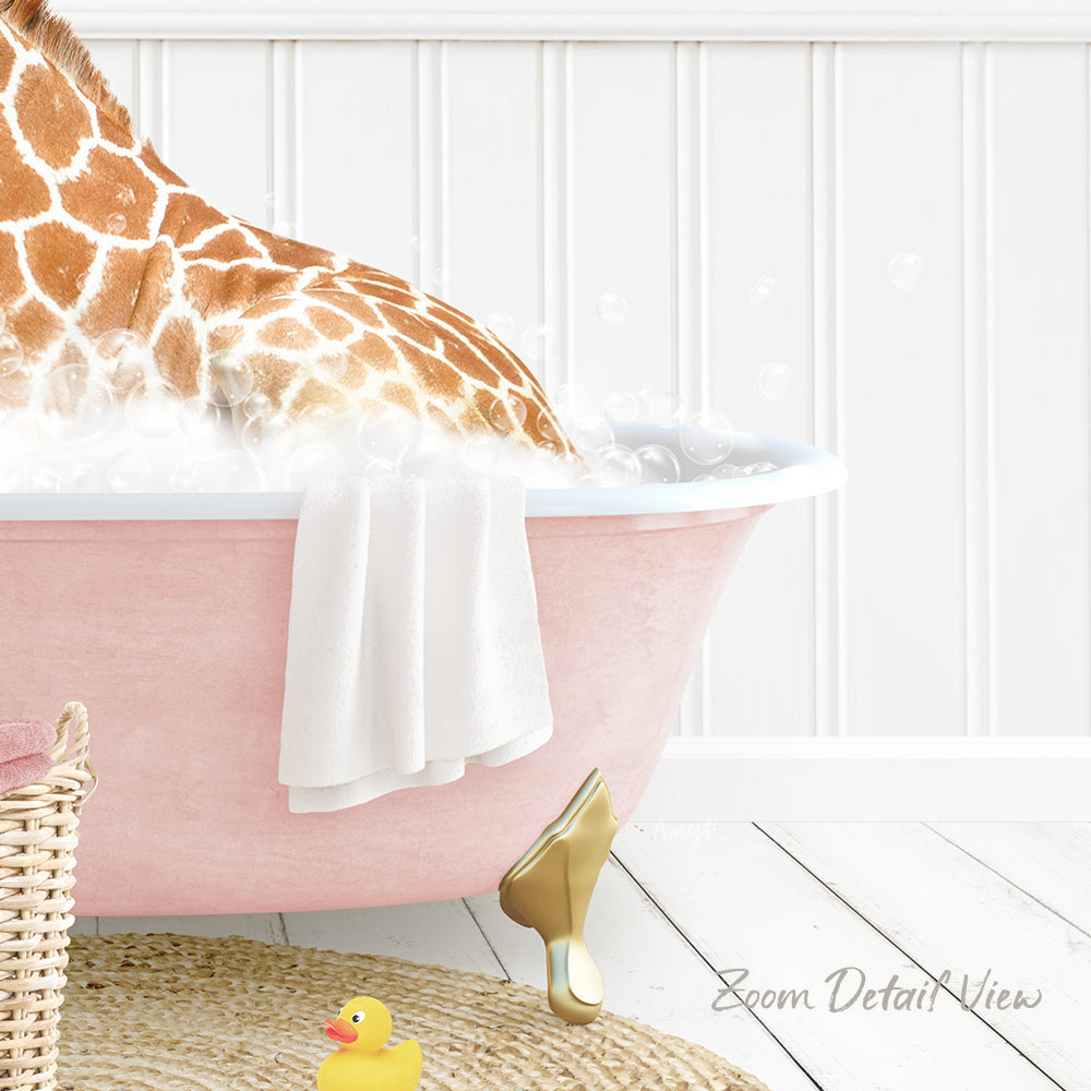 A giraffe is sitting in a pink bathtub filled with water, surrounded by a yellow rubber duck and a white towel.