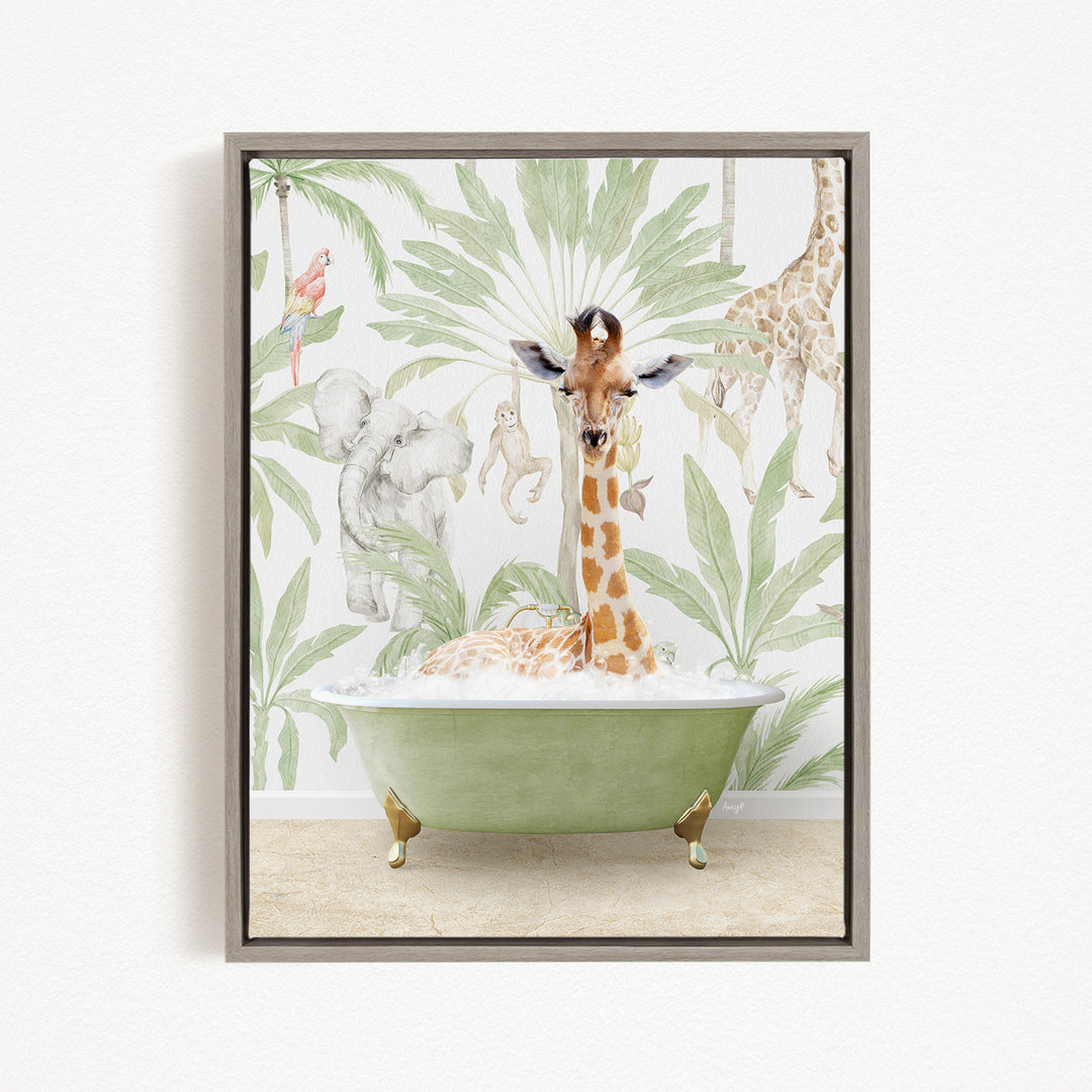 A giraffe is sitting in a green bathtub, surrounded by various animals and plants, creating a whimsical and playful scene.