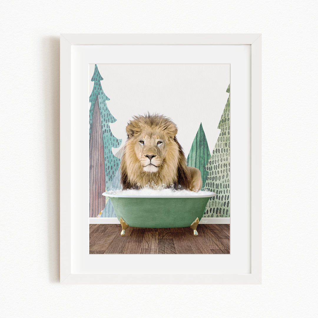 A lion is sitting in a green bathtub, surrounded by trees and a forest-like background.