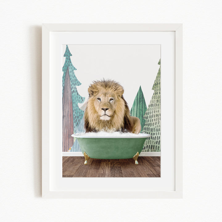 A lion is sitting in a green bathtub, surrounded by trees and a forest-like background.