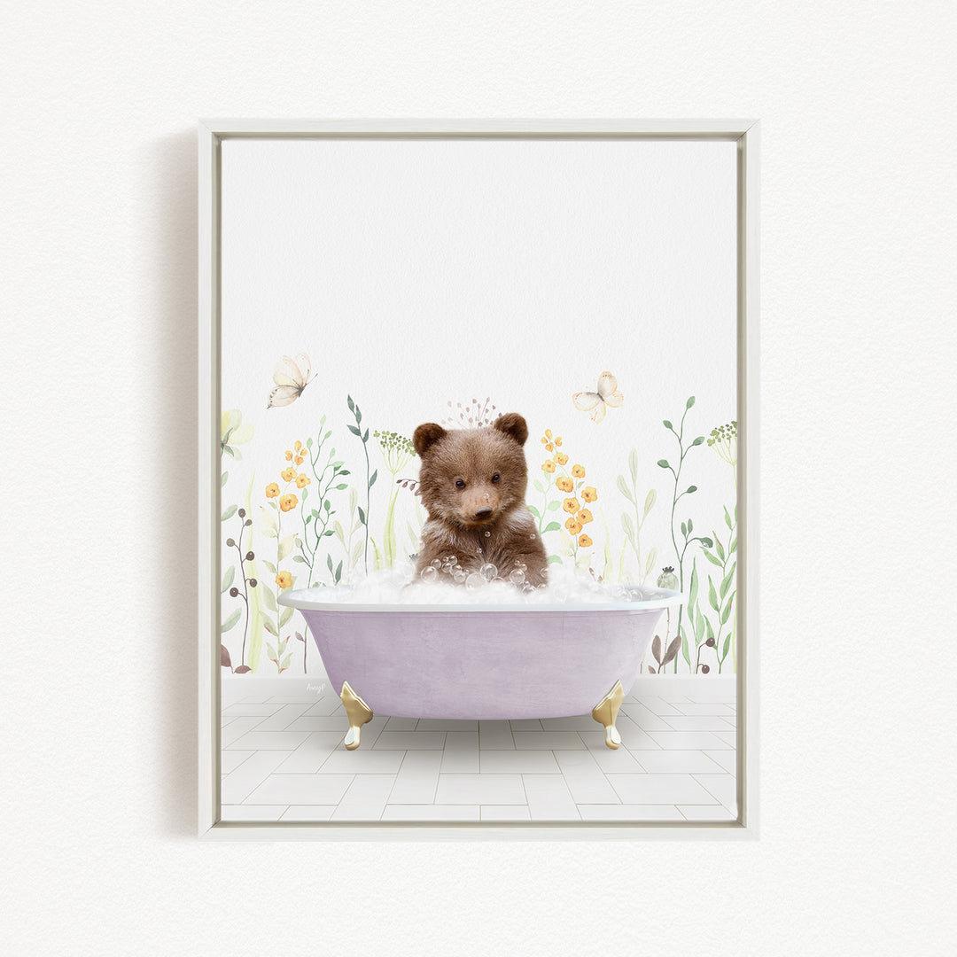 A cute brown bear sitting in a purple bathtub filled with bubbles, surrounded by flowers and butterflies.