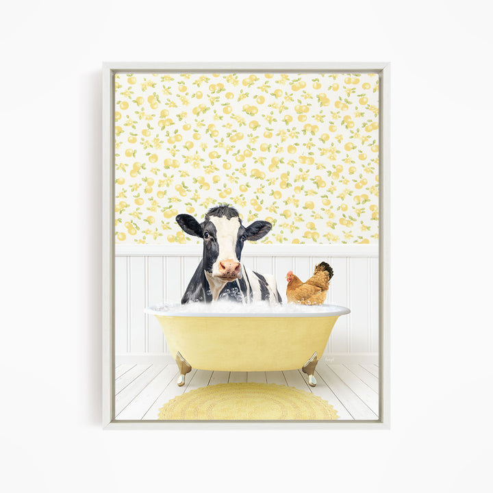 A cow is sitting in a yellow bathtub, surrounded by a chicken and a rooster, with a yellow floral wallpaper in the background.