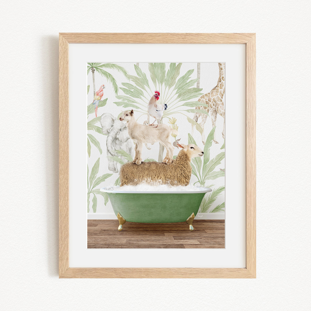 A framed illustration depicting a dog sitting on a sheep in a bathtub, surrounded by various animals and a tropical plant backdrop.