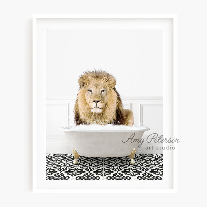 a lion sitting in a bathtub with his head sticking out