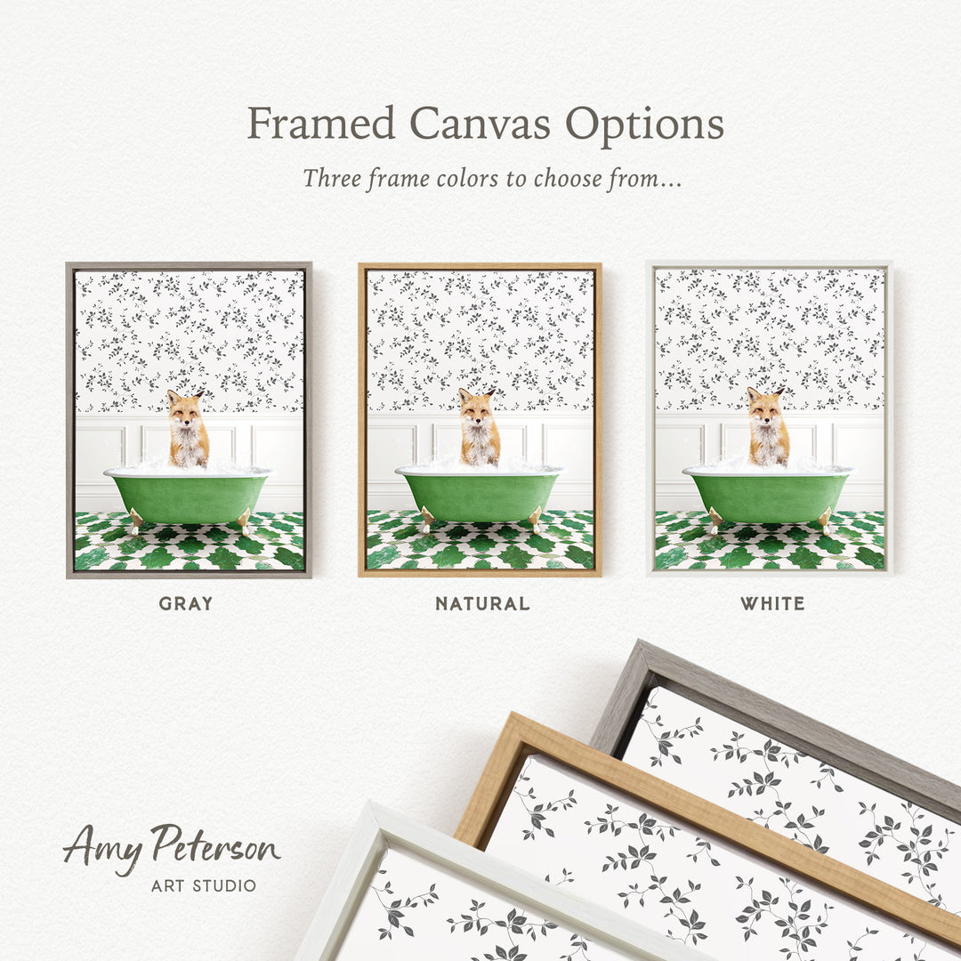 The image is a framed canvas option featuring three different framed pictures of a small dog sitting in a green bathtub. The pictures are displayed in various frame colors, including gray, natural, and white.