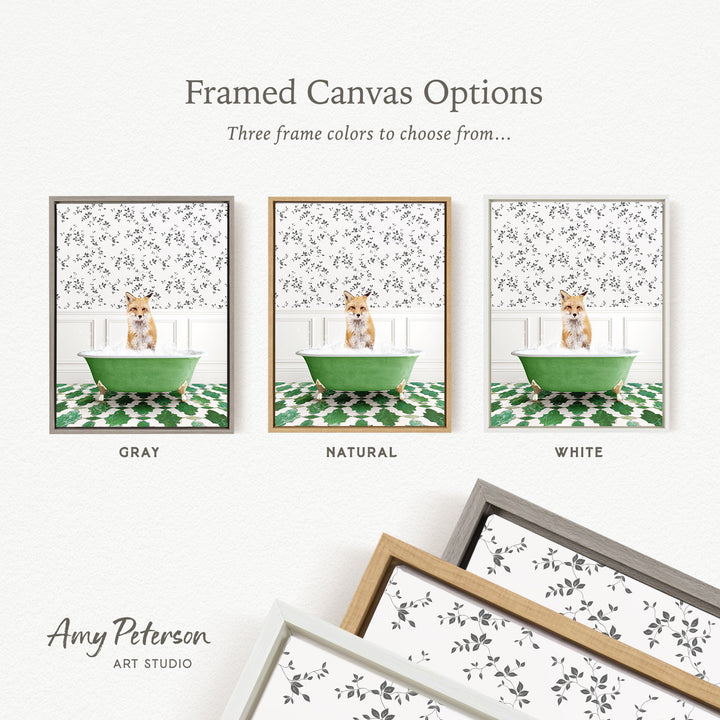 The image is a framed canvas option featuring three different framed pictures of a small dog sitting in a green bathtub. The pictures are displayed in various frame colors, including gray, natural, and white.